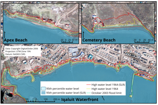 Map showing the incursion of water onto the shoreline of Iqaluit based on projected SLR scenarios